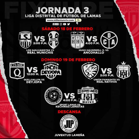  🟡 Fixture de la jornada  de la Liga Distrital de Fútbol de Lamas para este fin de semana.